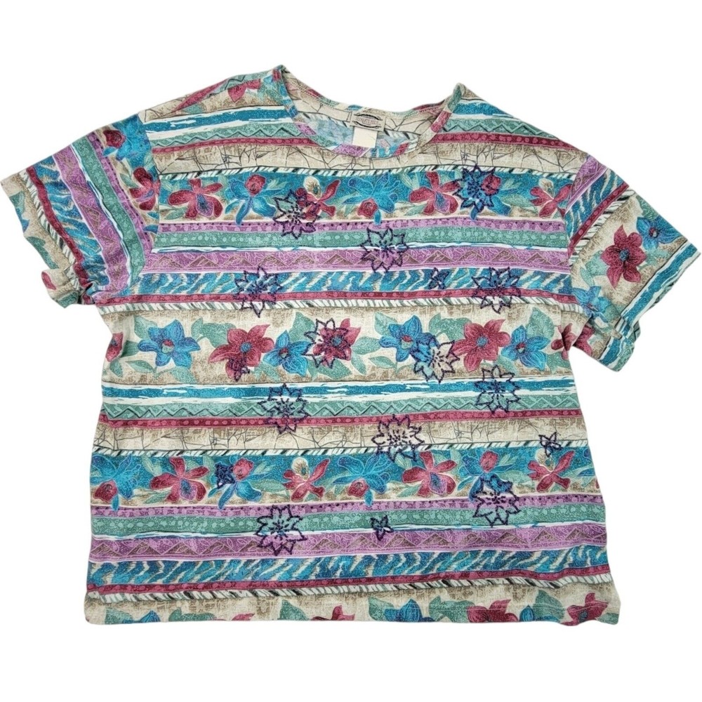 Vintage Separate Issues Floral Short Sleeve T Shirt Womens Sz 2X USA Beaded Art